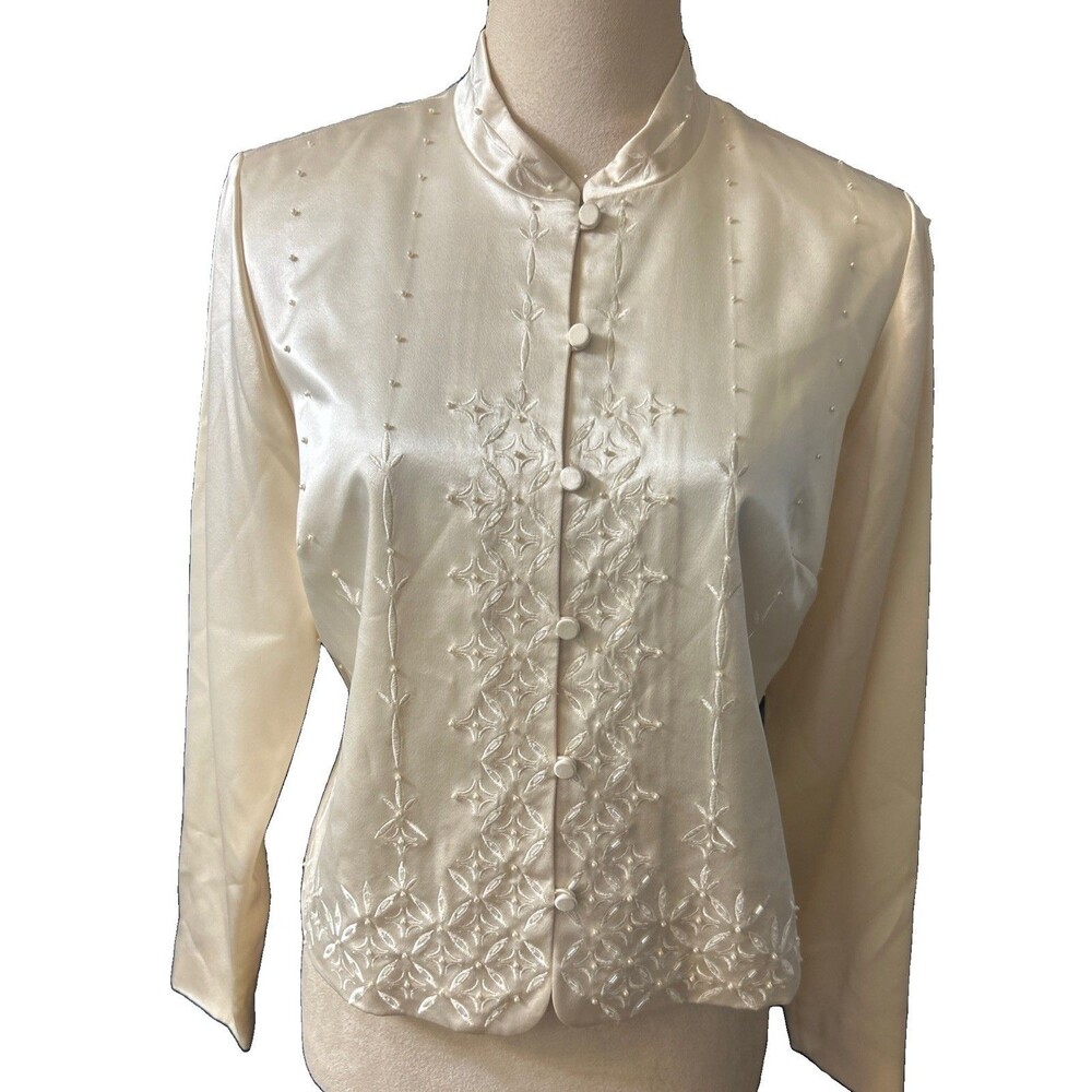 VTG Talbots Petite Size 6 100% Silk Beaded Embroidered Cream Button Blazer Lined
